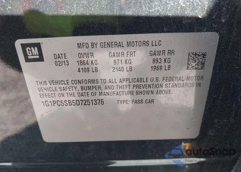 2013 Chevrolet Cruze Lt from USA, damaged, VIN 1G1PC5SB5D7251376